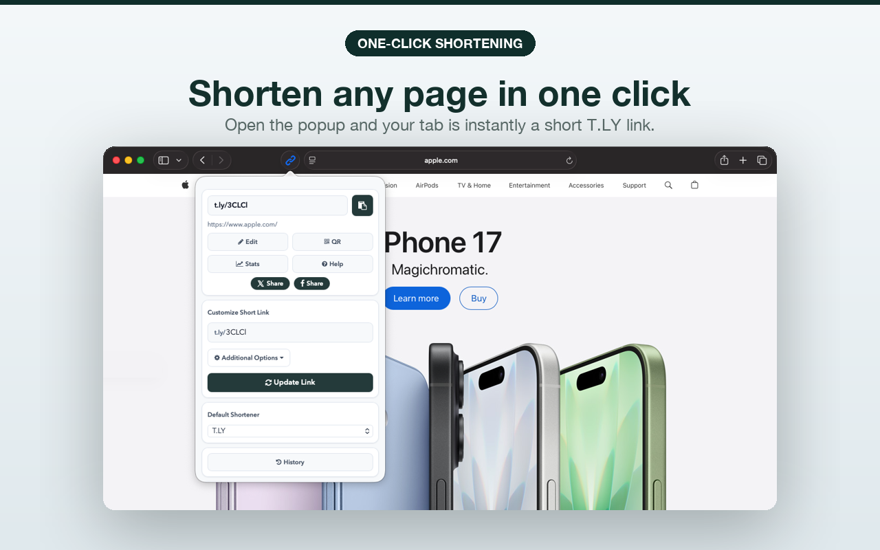 T.LY Safari extension shortening the current page in one click