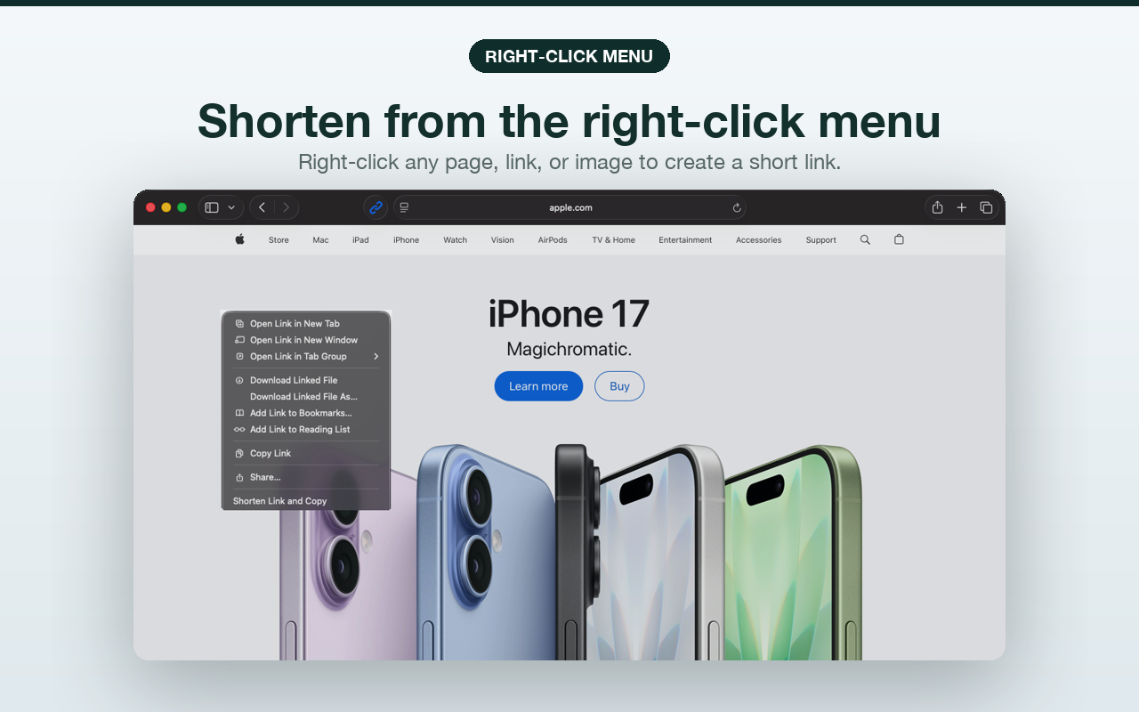 T.LY Safari extension right-click menu for short links
