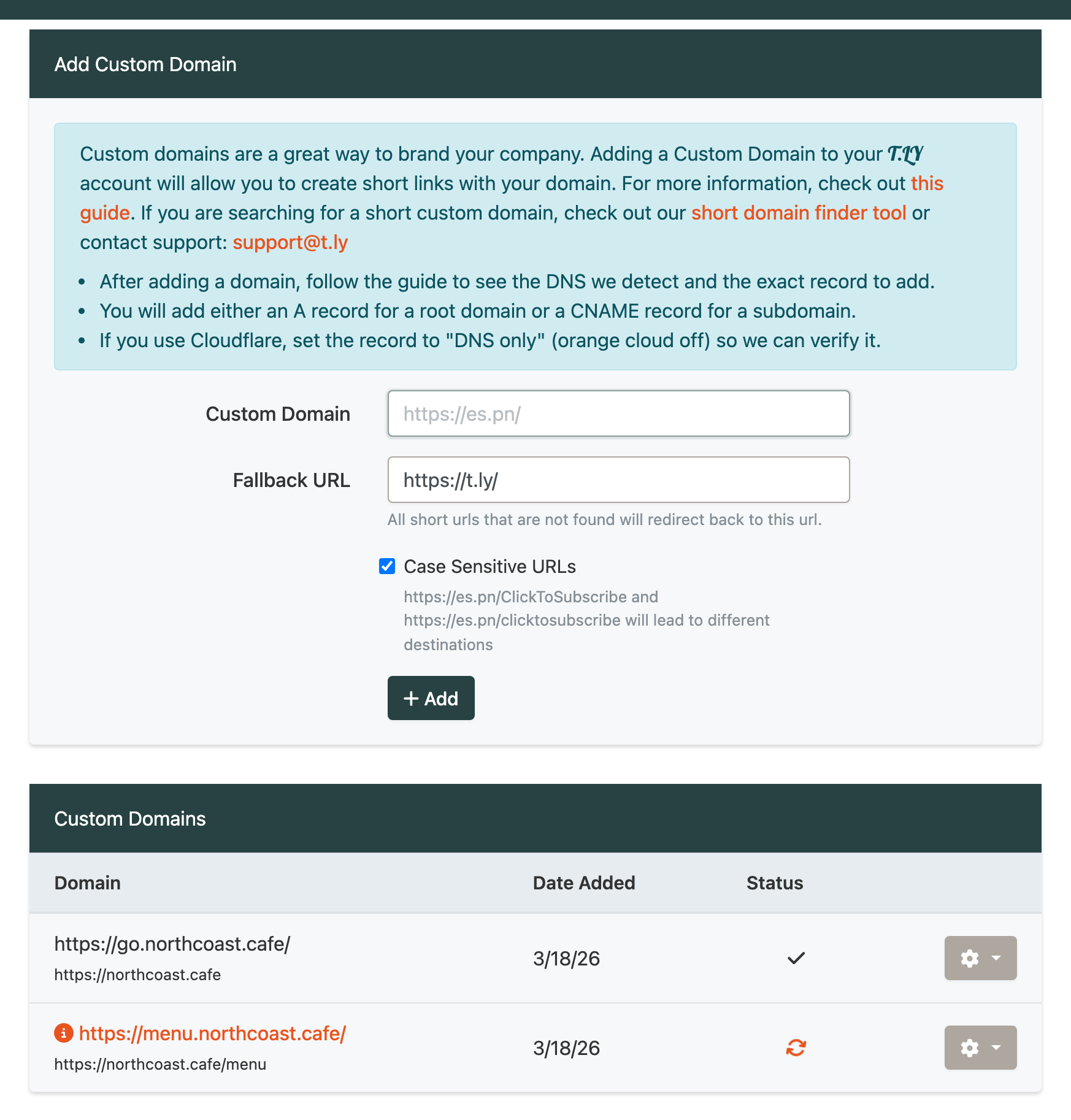 Custom domain settings in T.LY