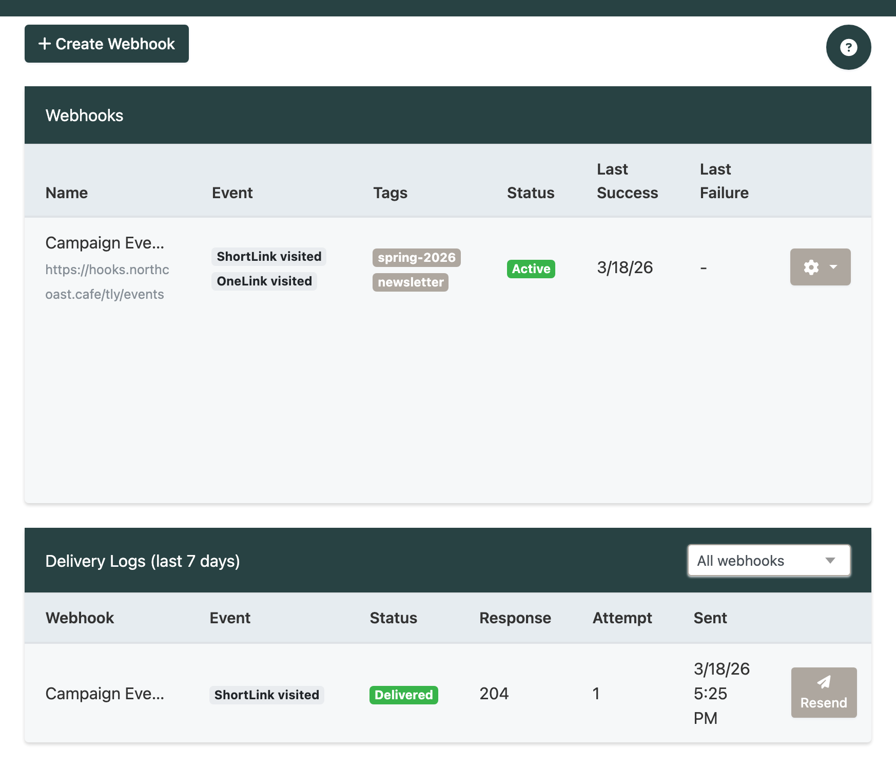 Webhook settings in T.LY