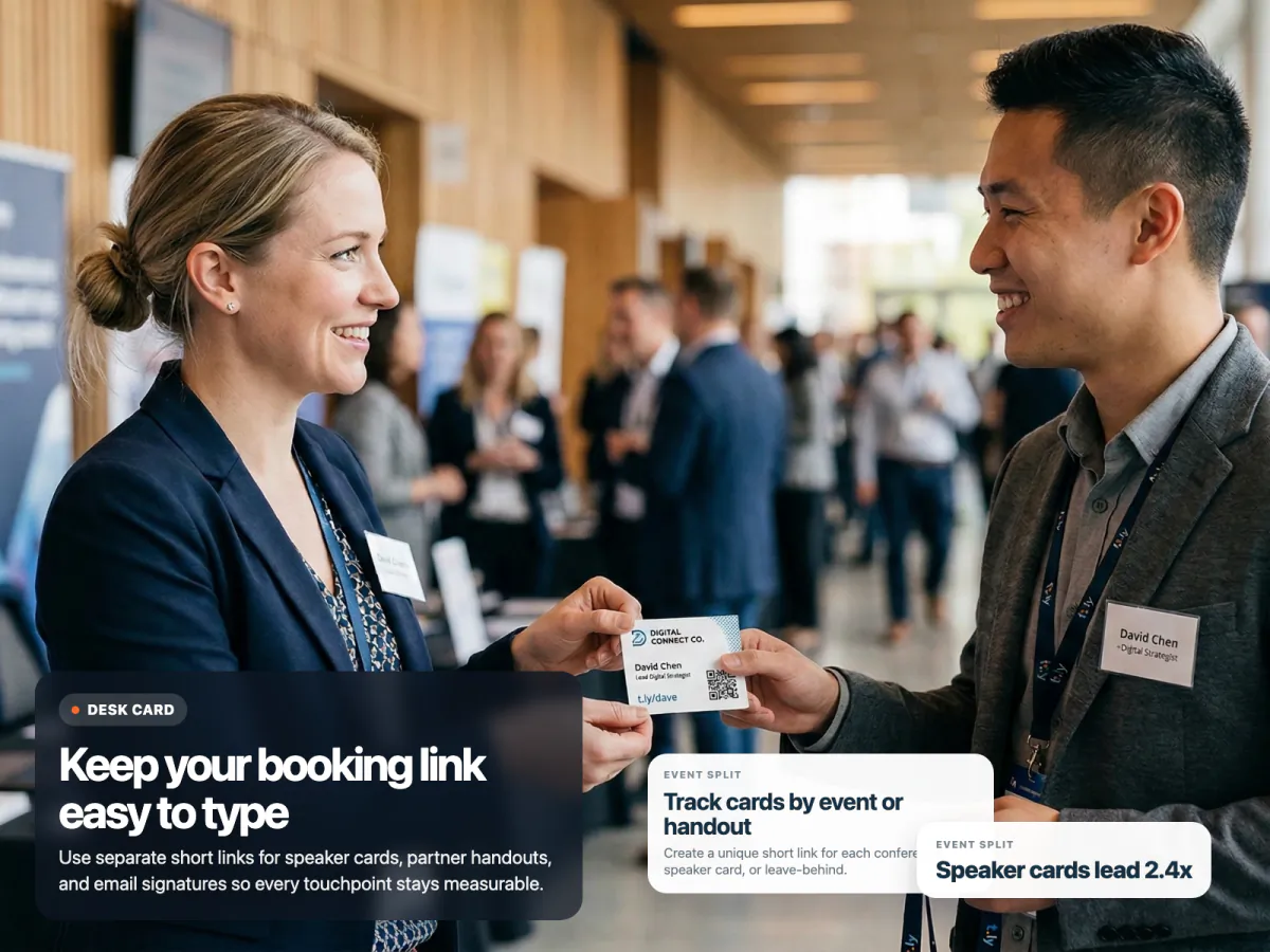 T.LY business-card use-case mockup showing editable short-link settings for a booking link.