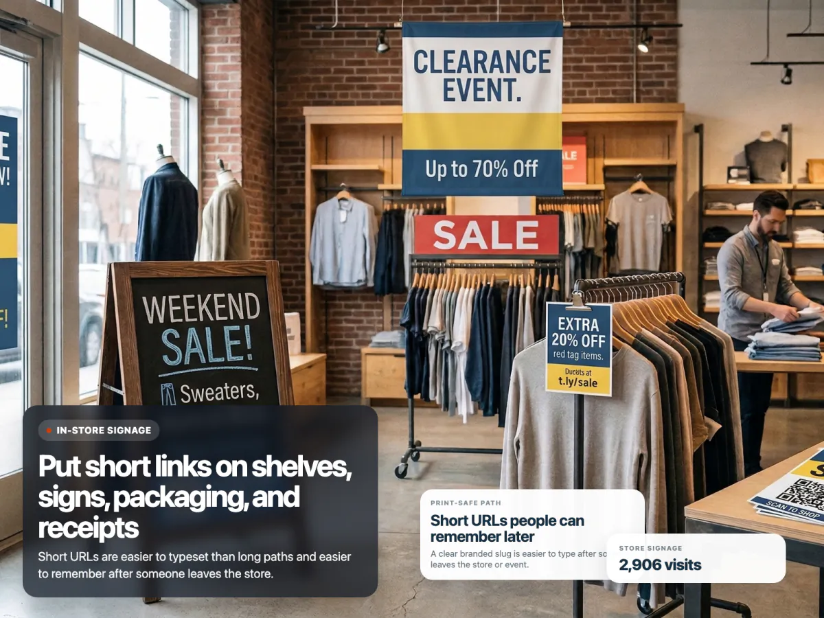 T.LY print-and-signage use-case mockup showing branded domain settings for offline campaigns.