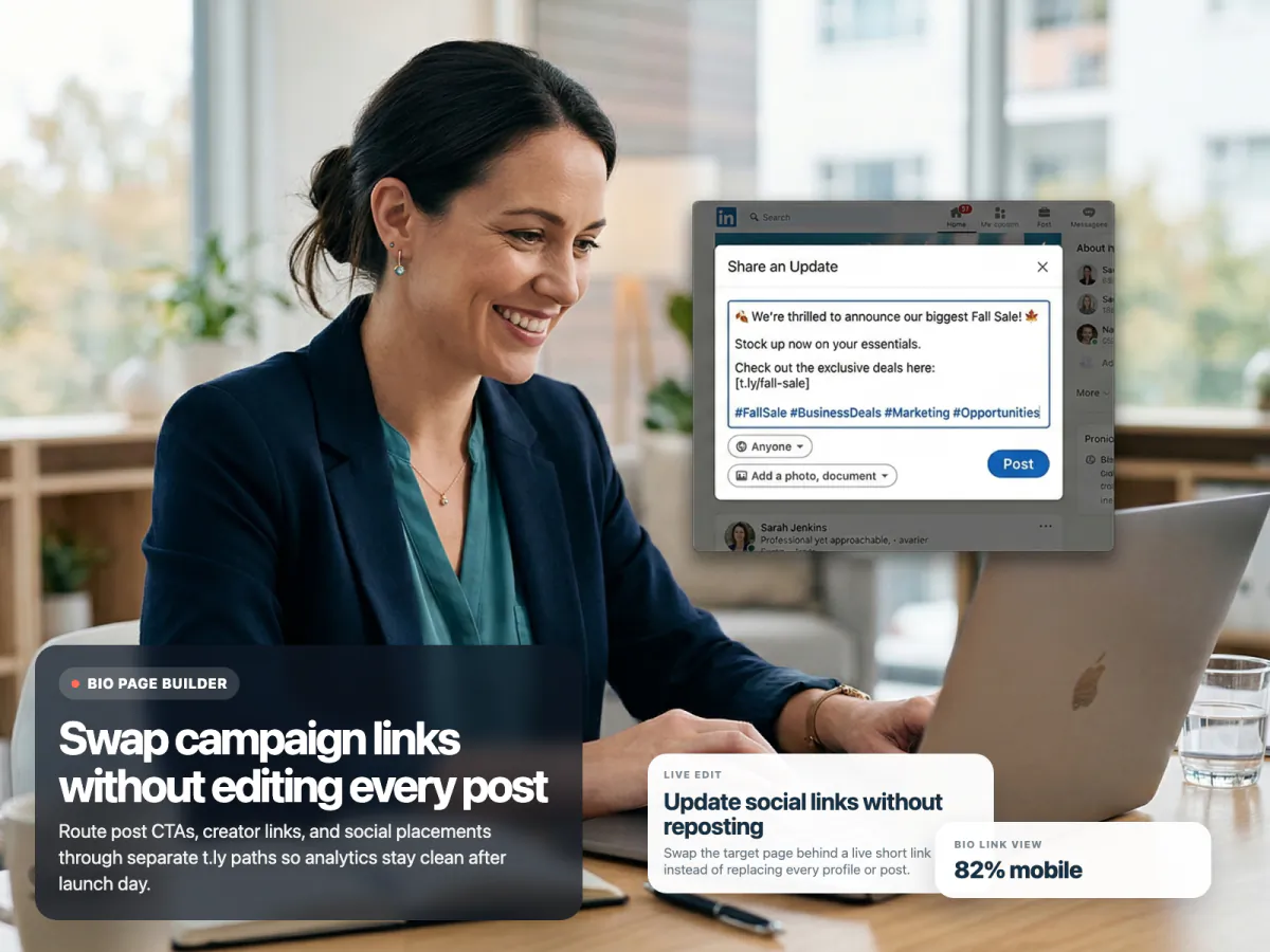 T.LY social-media use-case mockup showing editable short-link settings for campaign links.