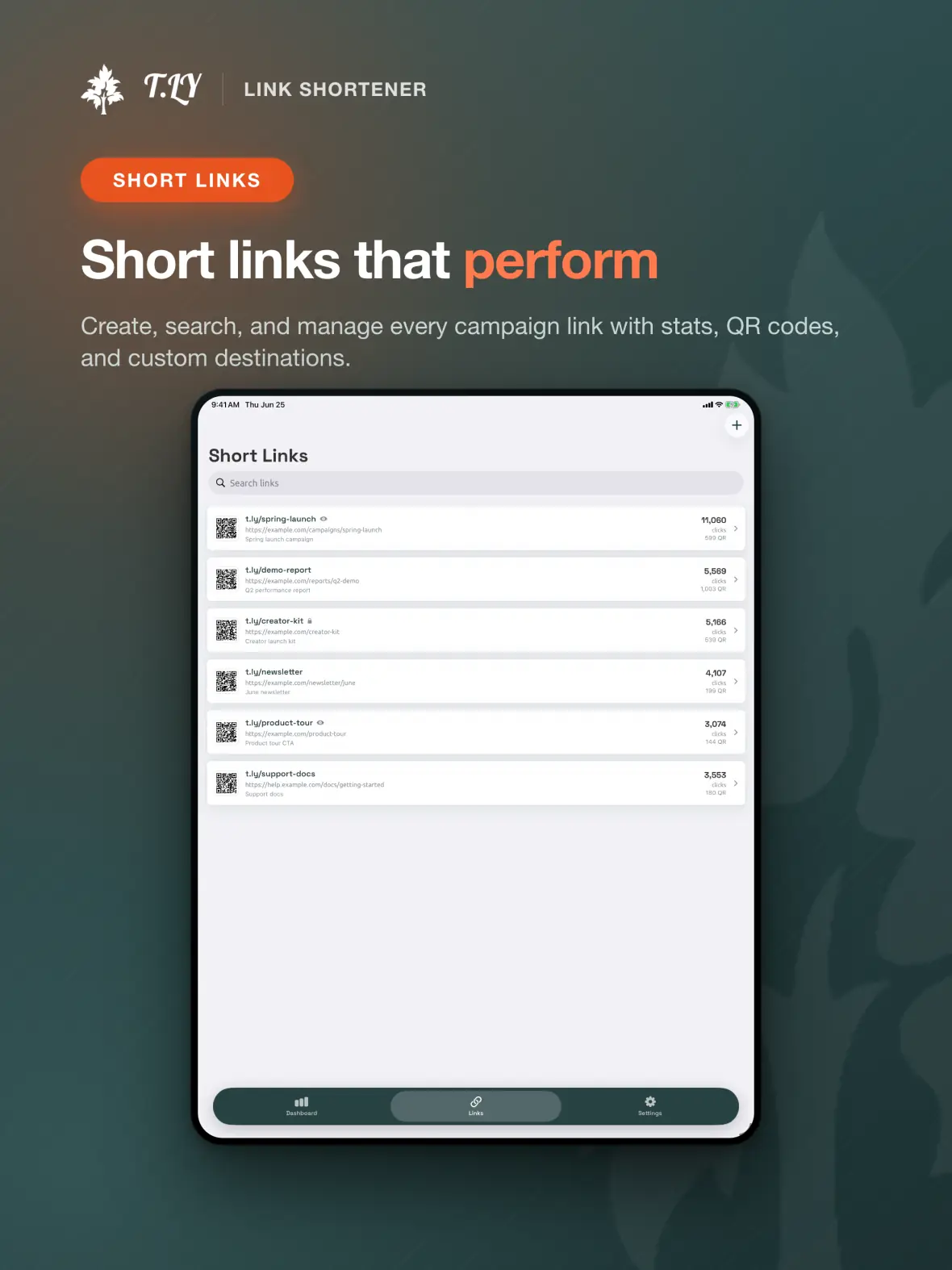T.LY iPad short links preview with QR codes, campaign links, and click counts