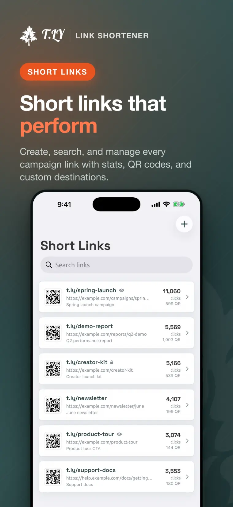 T.LY iPhone short links screen showing searchable campaign links with QR codes and click counts