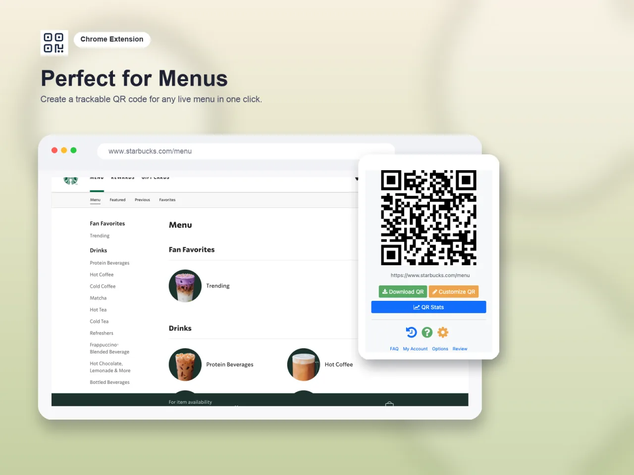Use the T.LY QR Code Extension to create a QR code for a cafe menu page.