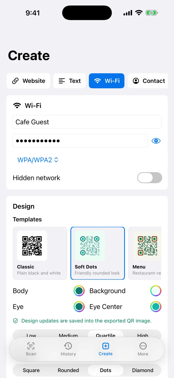QR code creator on iPhone showing website, Wi-Fi, contact, email, and event QR types