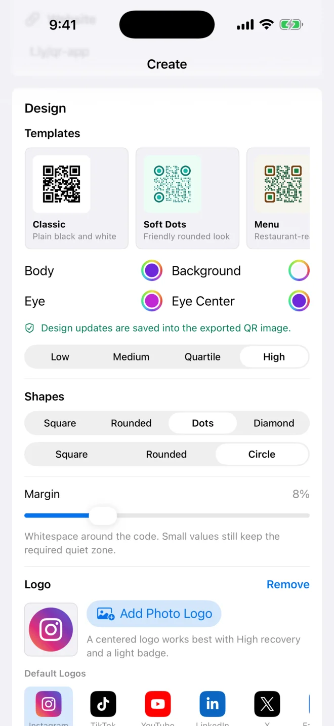 QR code design panel on iPhone with templates, colors, shapes, and logo controls