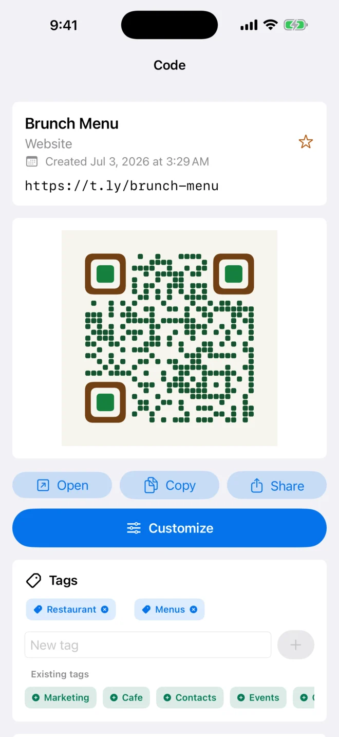 QR code detail screen on iPhone with notes, copy, share, and regenerate options