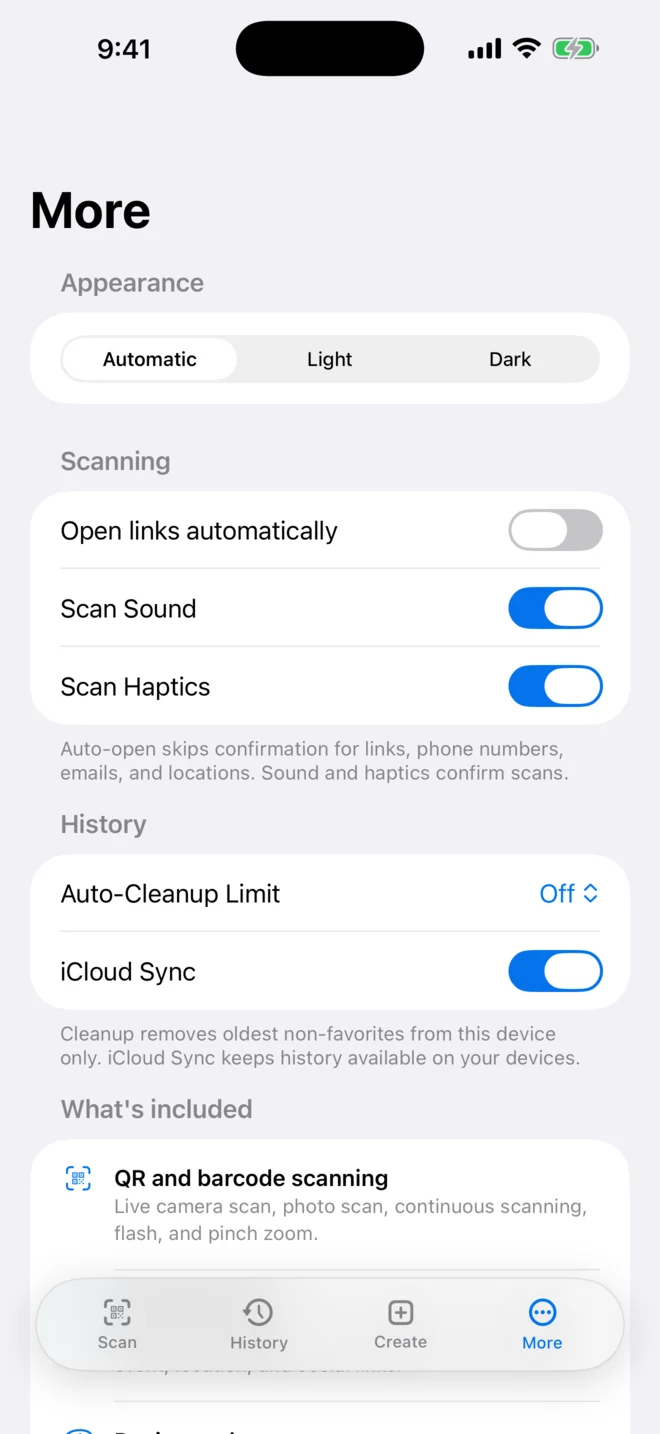 QR scanner app settings screen confirming no account, ads, subscriptions, or tracking