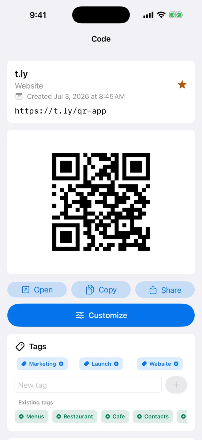 Saved QR code screen on iPhone with tags, notes, favorite, and organization controls