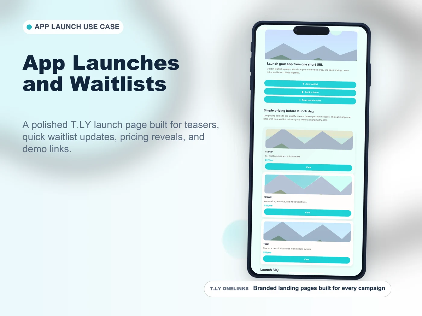 Example T.LY app launch OneLink with early-access, pricing, and waitlist sections.