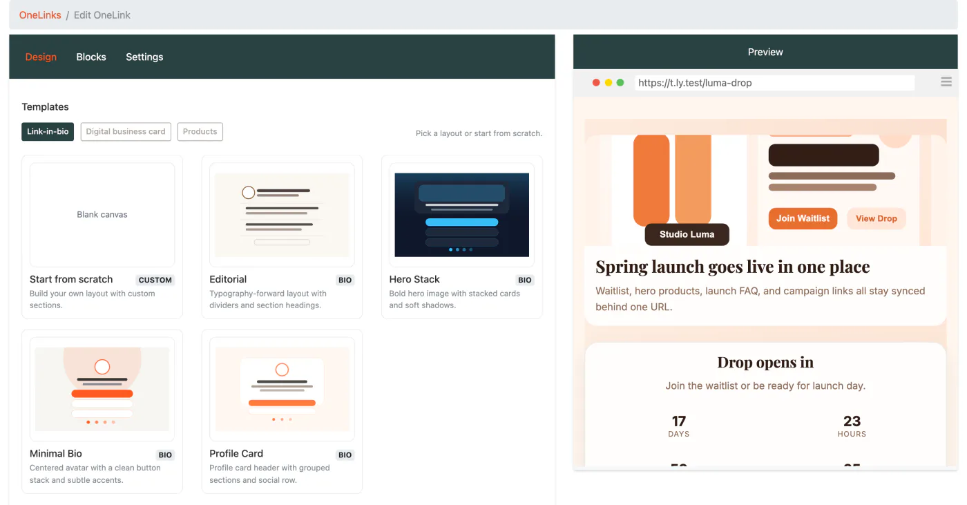 T.LY OneLink builder with live preview
