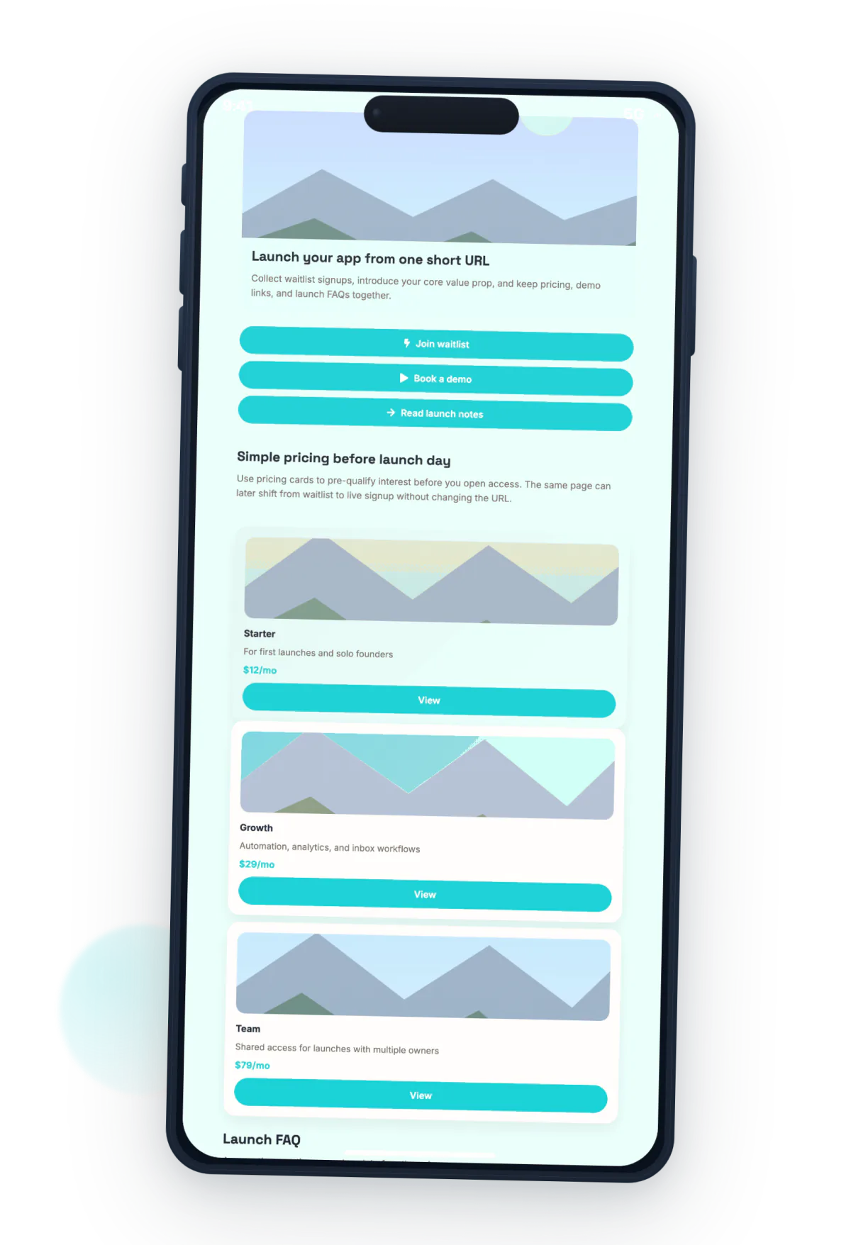 Example T.LY app launch page with early-access CTA, pricing plans, and waitlist FAQ sections.