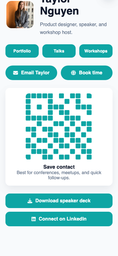 T.LY digital business card OneLink example screenshot showing contact and QR blocks.