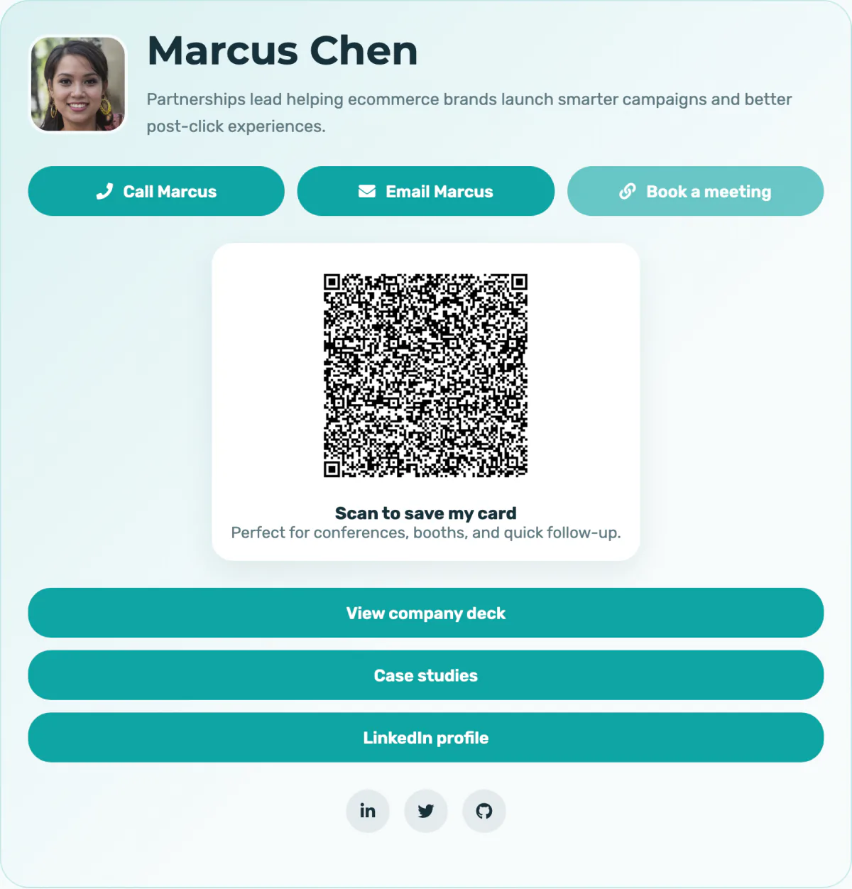 Published T.LY digital business card OneLink page.