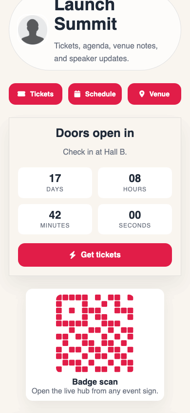 T.LY event OneLink example screenshot showing schedule, countdown, and QR blocks.