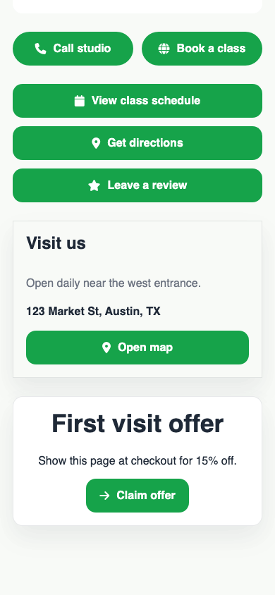 T.LY local business OneLink example screenshot showing booking, directions, and offer blocks.