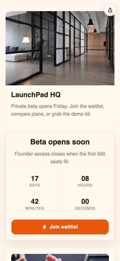 T.LY app launch OneLink example screenshot showing countdown, product, and pricing blocks.