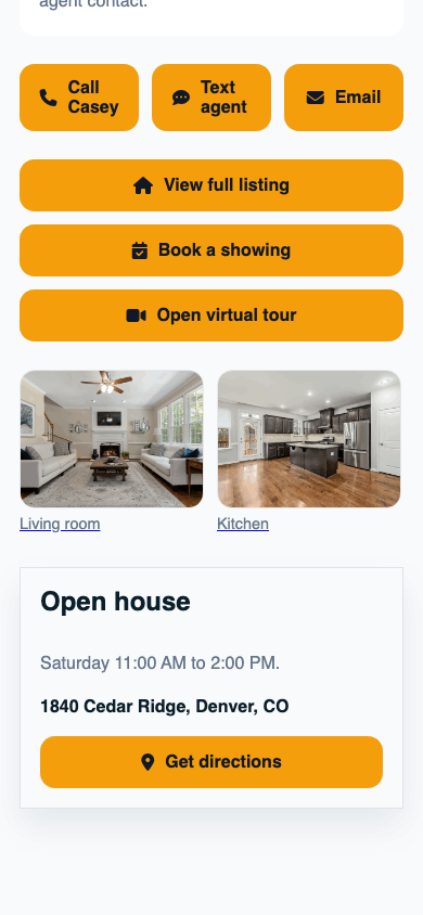 T.LY real estate OneLink example screenshot showing listing, gallery, and contact blocks.
