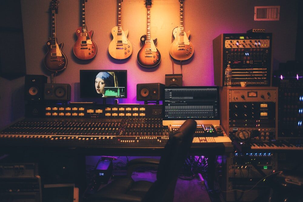 Podcast recording studio where a T.LY OneLink can connect listeners to episodes, sponsors, and guest forms.