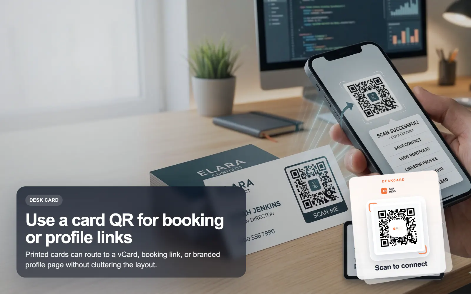 Printed business card with a T.LY QR code in a real work setting.