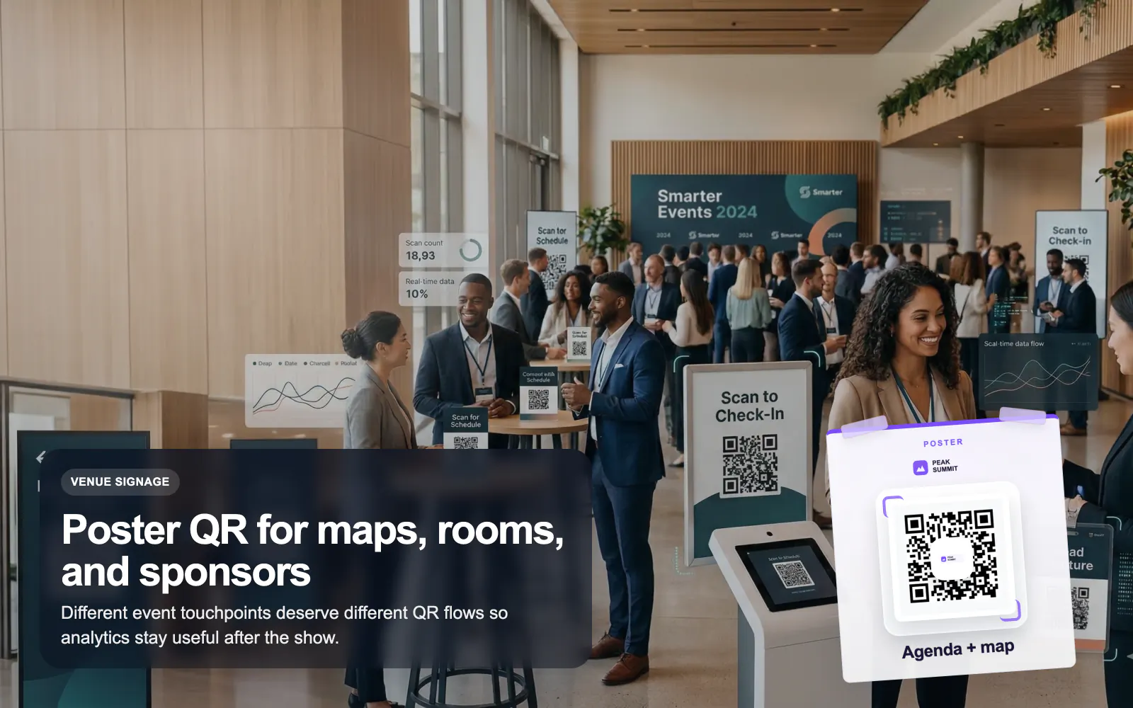 Event poster scene using a T.LY QR code for agenda access.