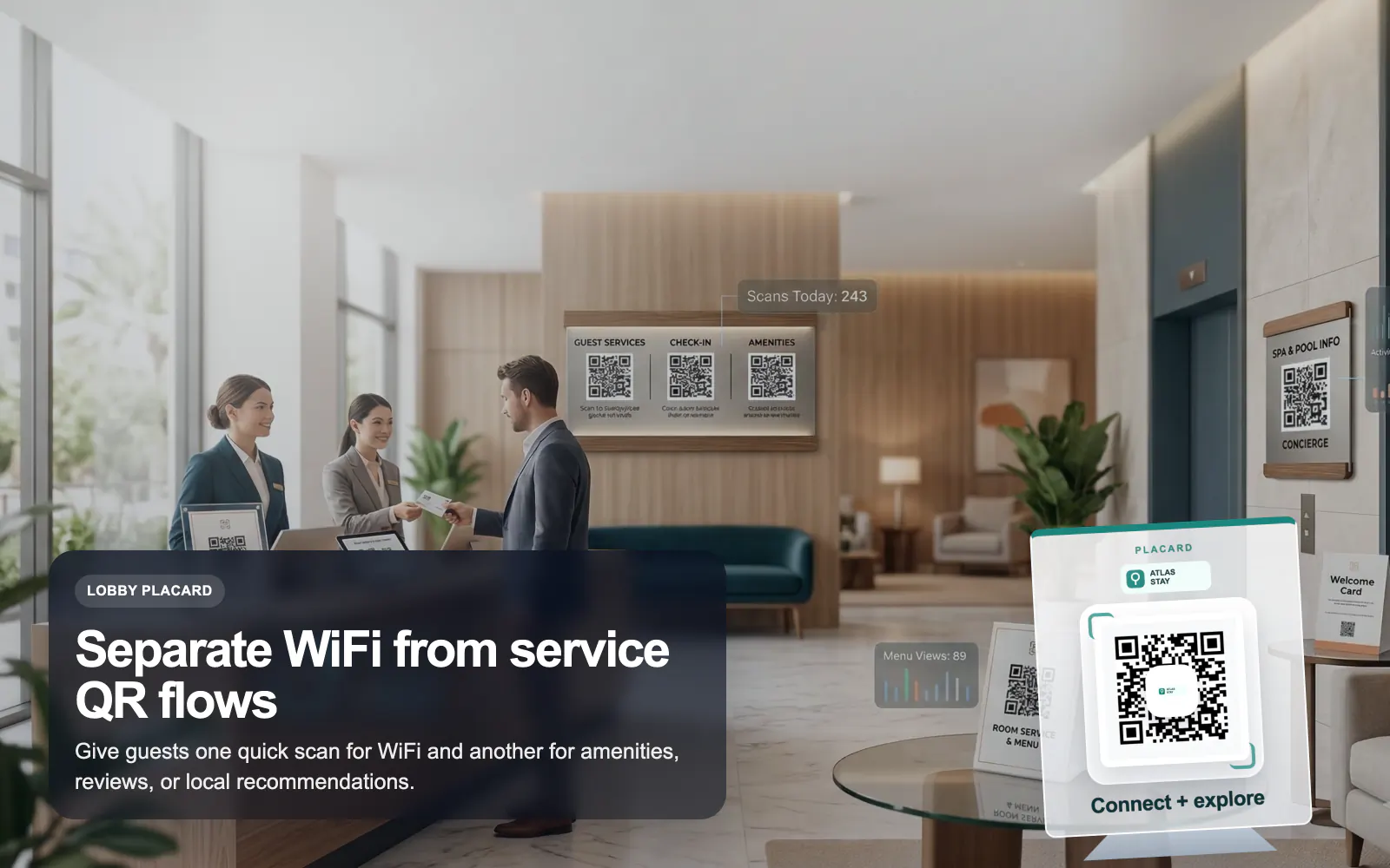 Hotel room guide scene featuring a T.LY QR code.