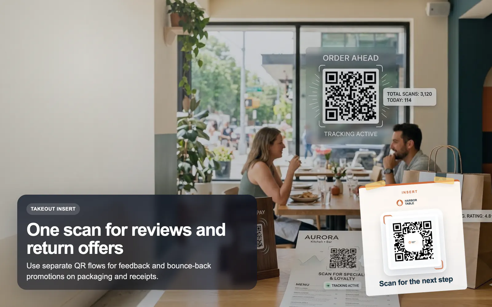 Printed restaurant QR placement shown in a takeout context.